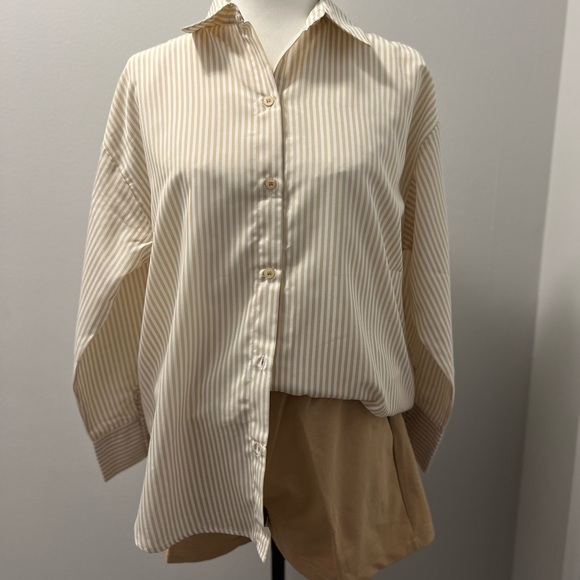 Striped Cream and Tan Button-Up Shirt - Picture 1 of 1